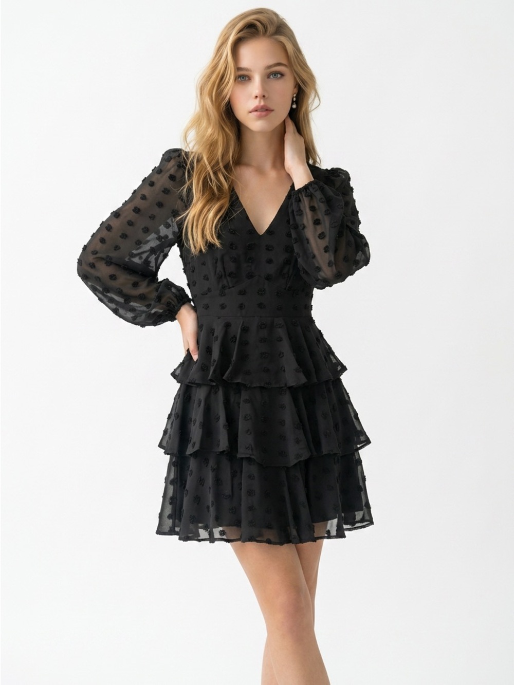 Halogen Black Tiered V-Neck Mini Dress